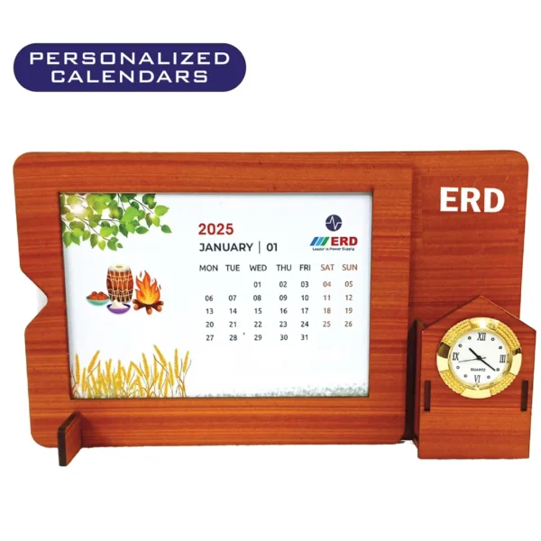 Personalized Wooden Desk Calendar with Clock