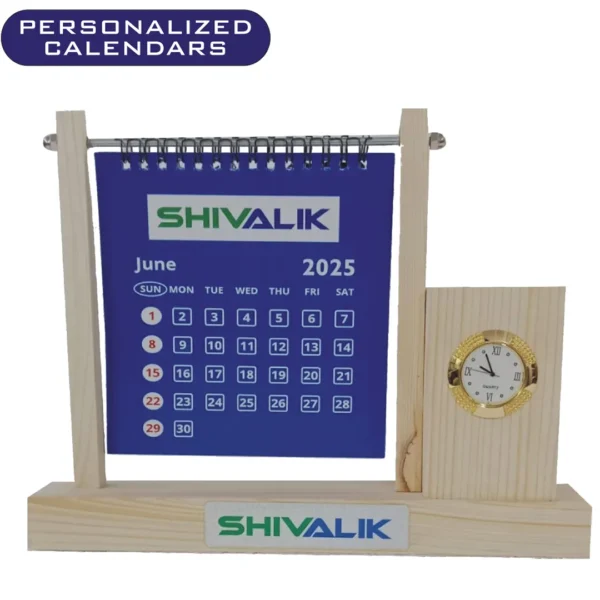 Personalized Wooden Desk Calendar with Clock