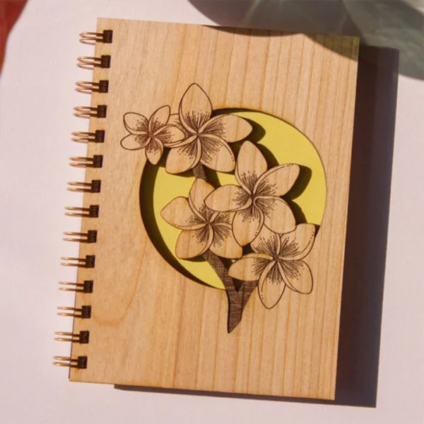 Handcrafted Wooden Notebook with Frangipani Flower Design