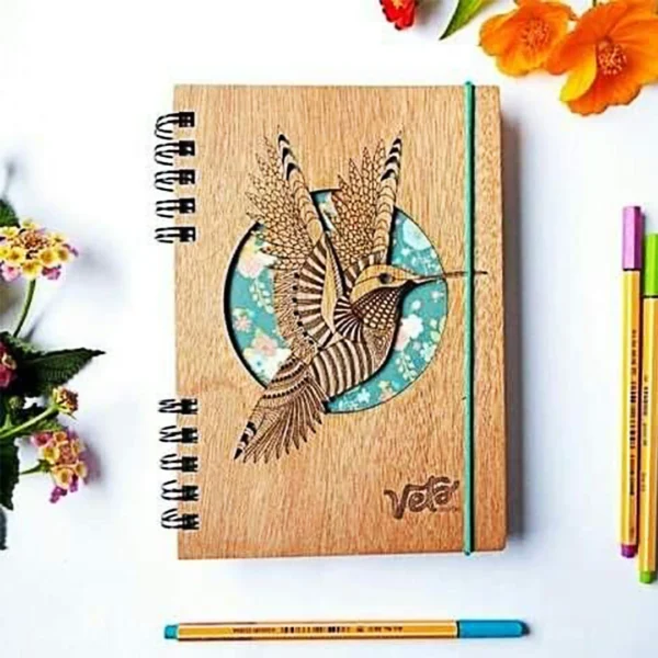 Handcrafted Wooden Notebook with Hummingbird Design